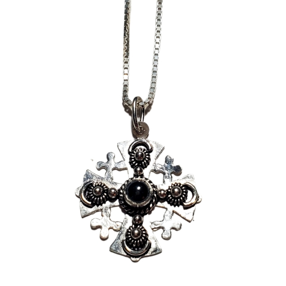 Vintage Silver Jerusalem Crusaders Cross with Black Stone and 925 Silver Chain